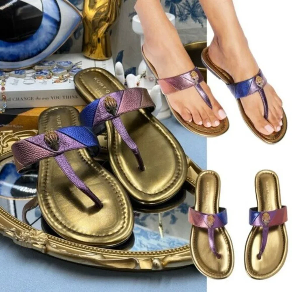 🆕 KURT GEIGER LONDON 🧿 NWOB Kensington T-Bar Sandal, Metallic Rainbow, Sz US 7 - Picture 1 of 13